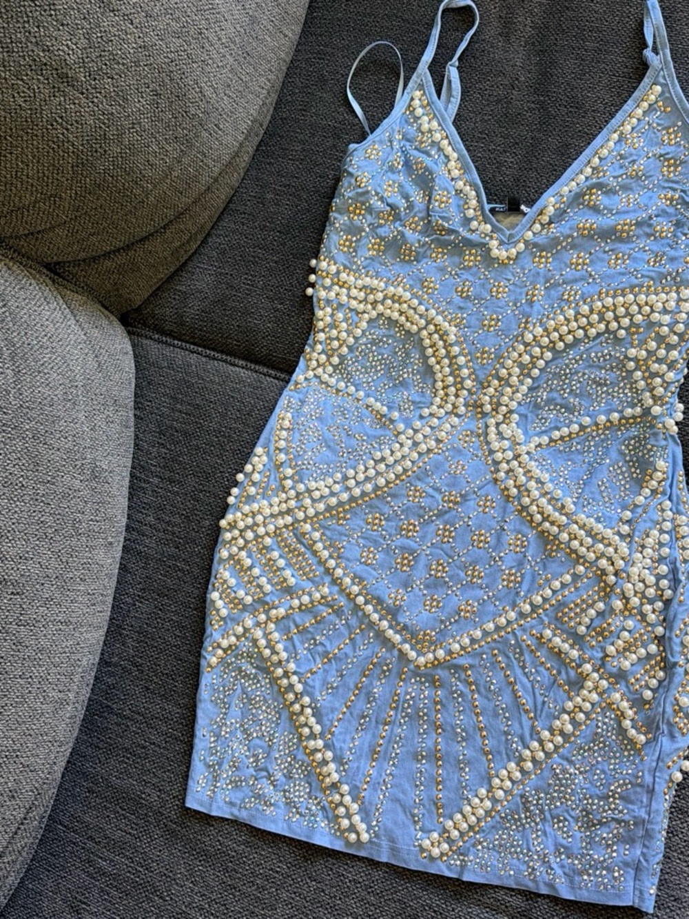 Fashion Nova Baby Blue Pearl & Crystal Embellished Mini Dress
